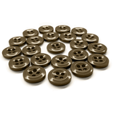 A set of Work Shirt Buttons in brown military spec is neatly arranged in rows on a white background.