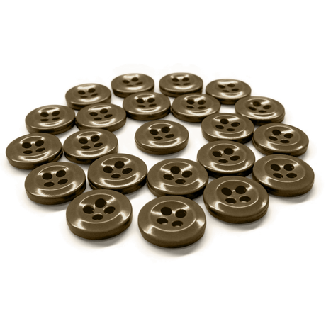 A set of Work Shirt Buttons in brown military spec is neatly arranged in rows on a white background.