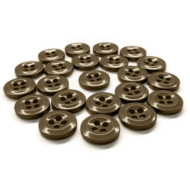 A set of Work Shirt Buttons in brown military spec is neatly arranged in rows on a white background.