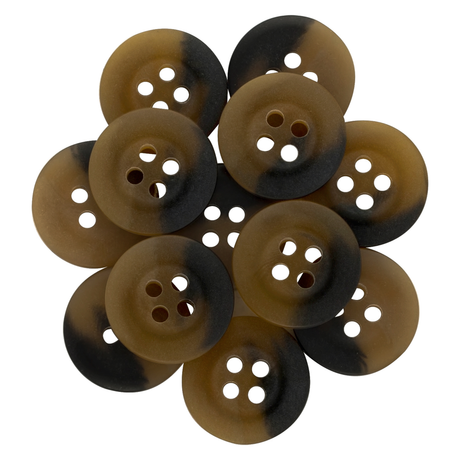 A set of Khakis, Chinos and Casual Cotton Pant Buttons in brown and black two-tone, displayed in an overlapping circular arrangement.