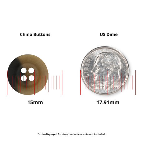 A 15mm Khakis, Chinos and Casual Cotton Pant Button next to a 17.91mm US dime with measurement lines for size comparison—perfect for black pants and crafted from durable nylon.