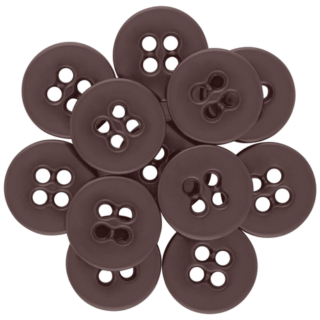 A cluster of overlapping brown Suspender Brace Pant Buttons, each featuring four holes, arranged in a circular pattern.