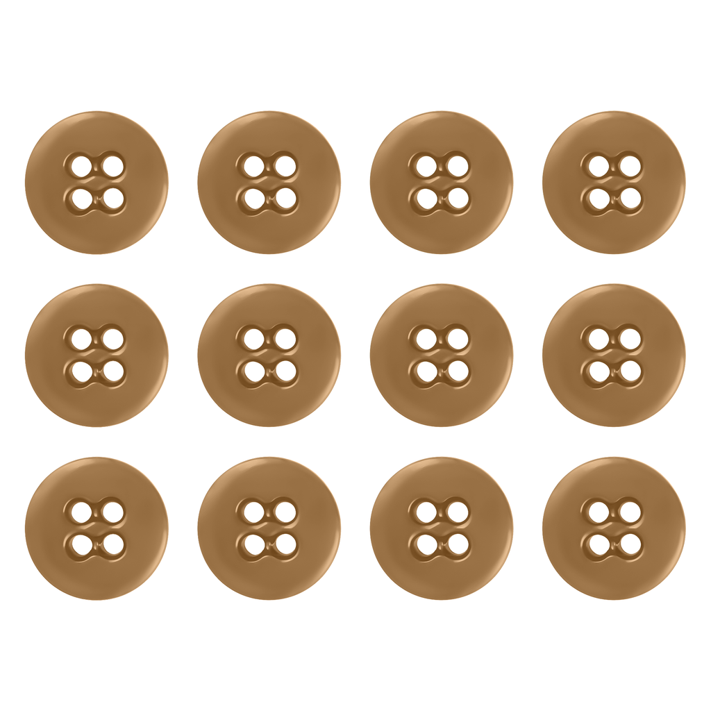 Twelve Suspender Brace Pant Buttons, brown with four holes, are neatly arranged in a 3 by 4 grid on a white background.