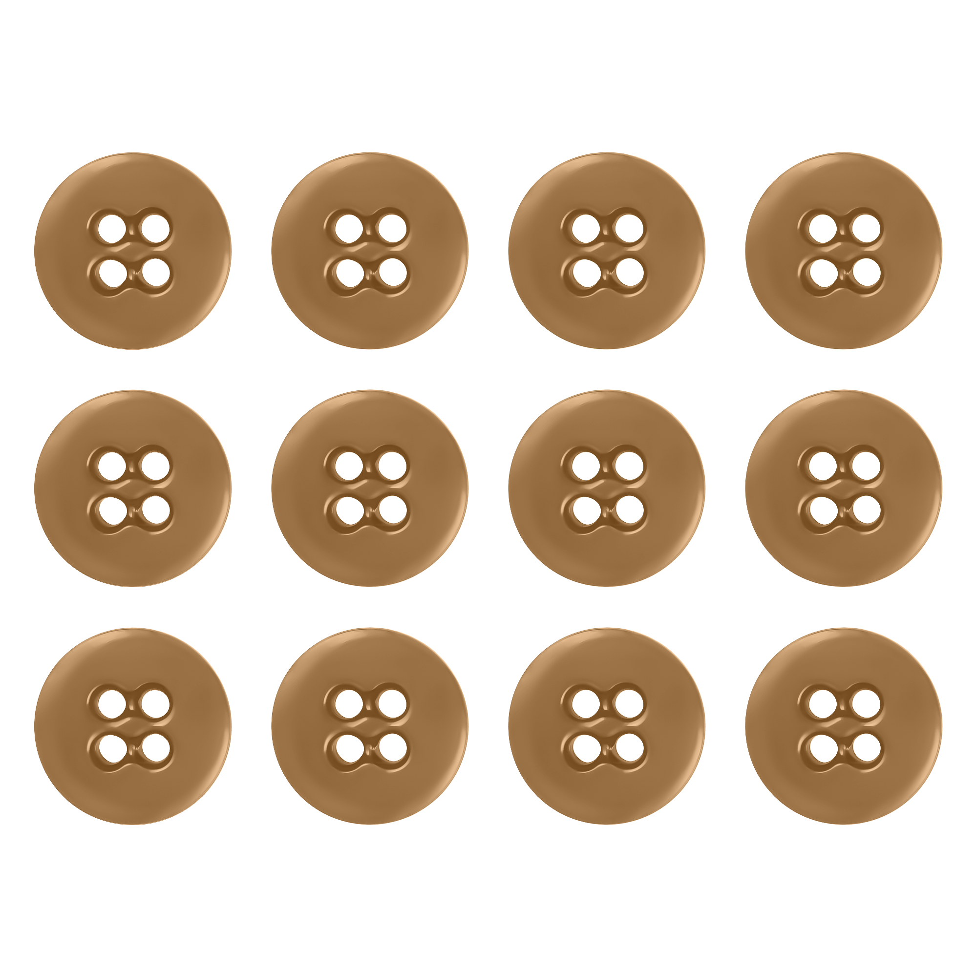 Twelve Suspender Brace Pant Buttons, brown with four holes, are neatly arranged in a 3 by 4 grid on a white background.
