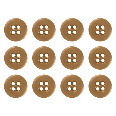 Twelve Suspender Brace Pant Buttons, brown with four holes, are neatly arranged in a 3 by 4 grid on a white background.