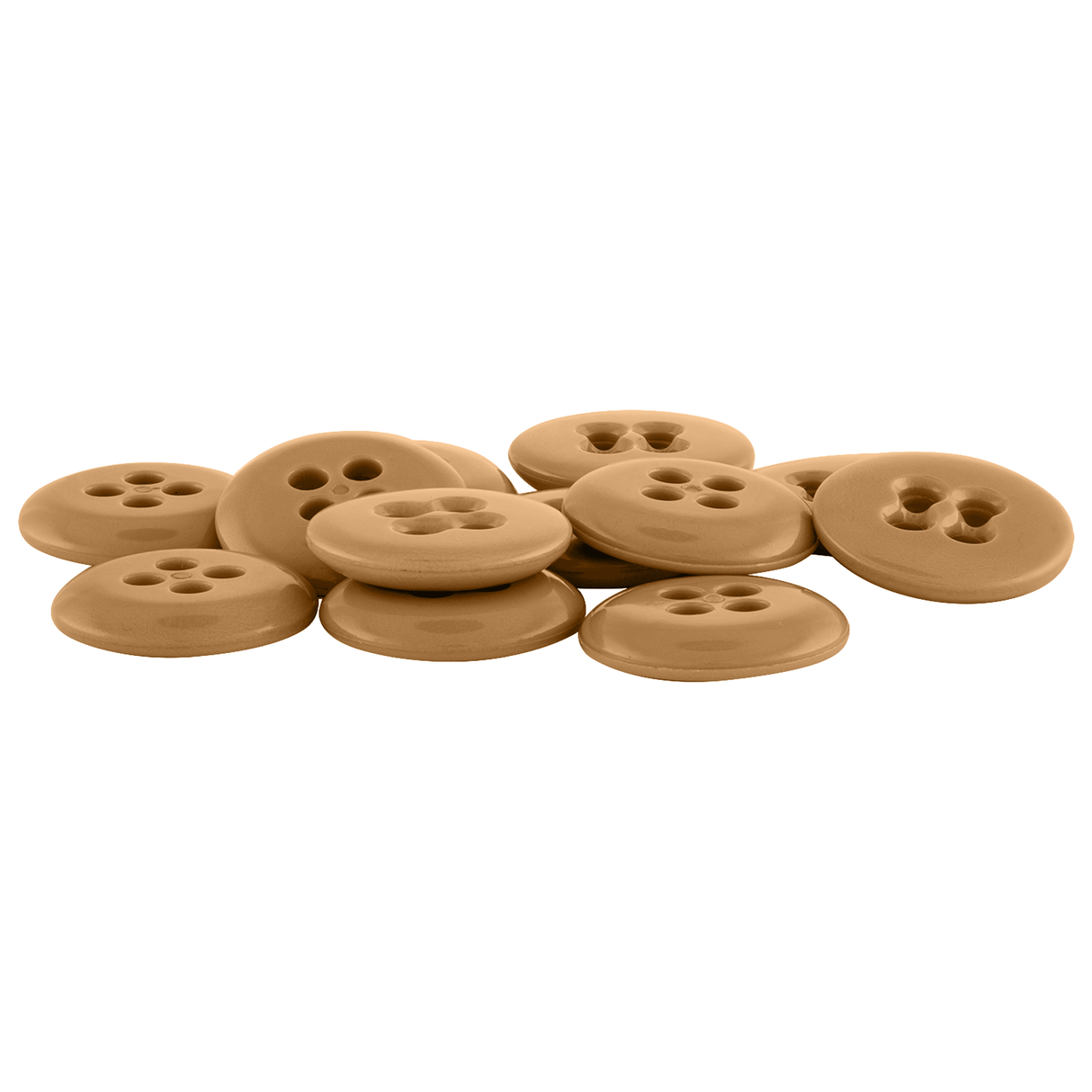 A pile of brown Suspender Brace Pant Buttons, featuring two and four holes, is displayed on a white background.