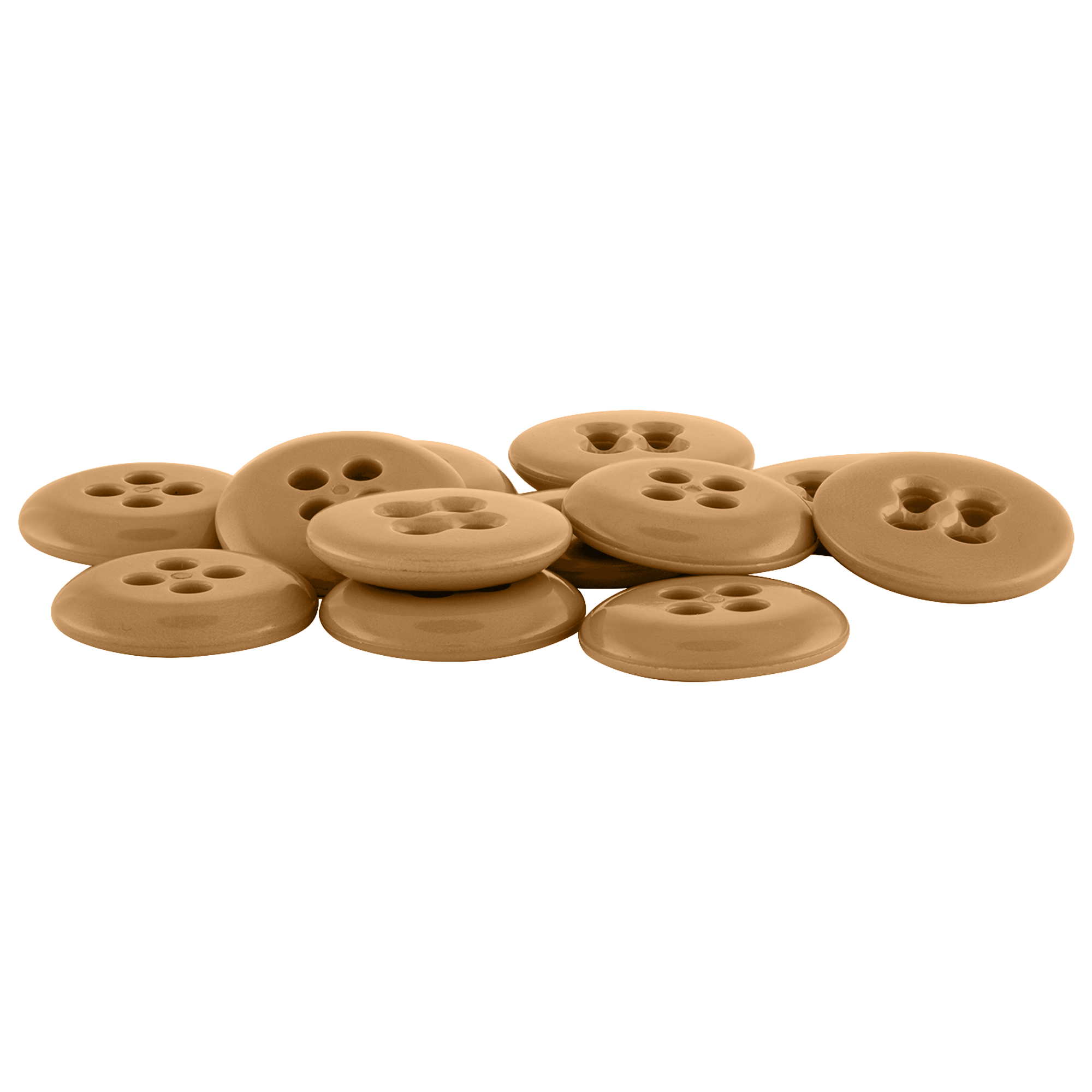 A pile of brown Suspender Brace Pant Buttons, featuring two and four holes, is displayed on a white background.