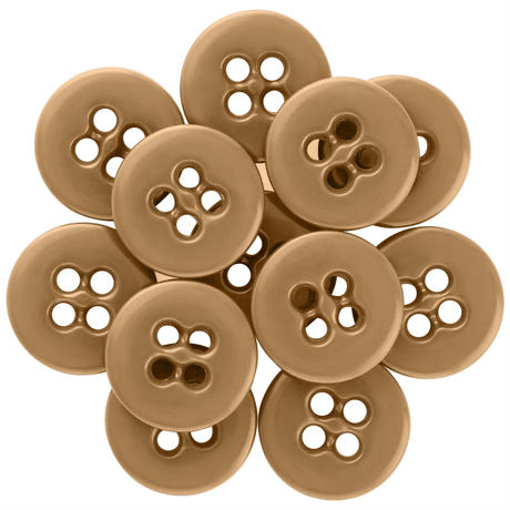 A cluster of overlapping Suspender Brace Pant Buttons, each brown with four holes, arranged in a circular pattern reminiscent of classic suspender fasteners.