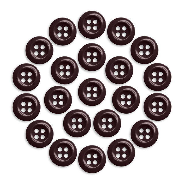 Twenty-one Work Shirt Buttons in dark brown are arranged in a circle on a white background.