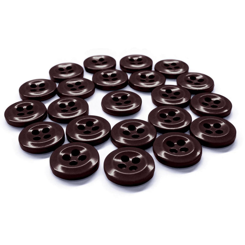 A loose cluster of dark brown Work Shirt Buttons (22 Pack), each with four holes and military spec, is arranged on a white background.