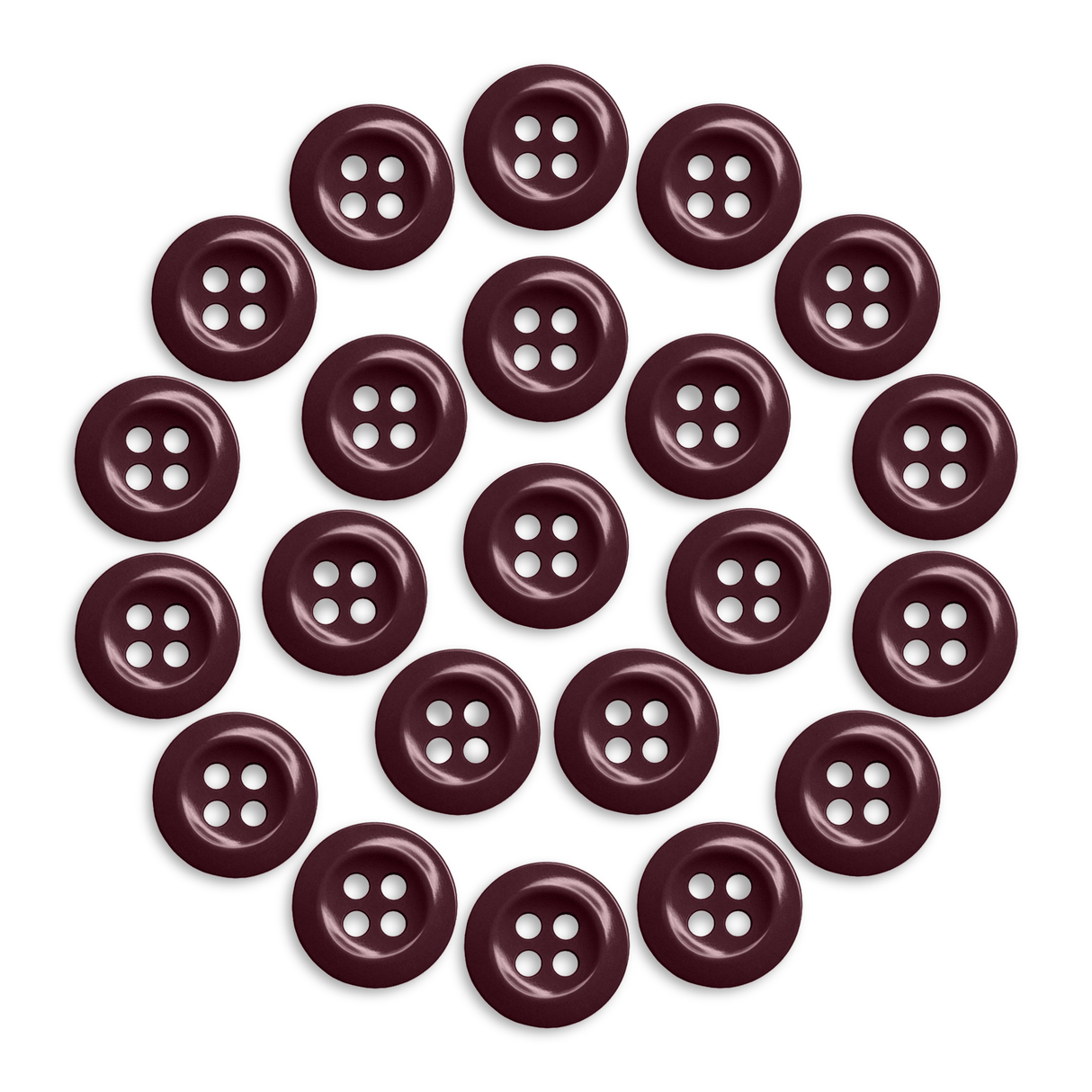 Set of 21 maroon Work Shirt Buttons, each with four holes arranged in a circle, displayed on a white background.