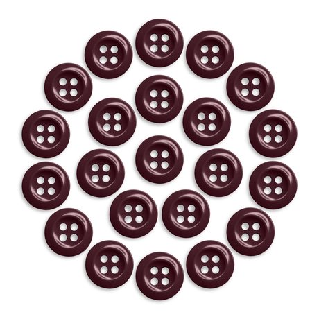 Set of 21 maroon Work Shirt Buttons, each with four holes arranged in a circle, displayed on a white background.