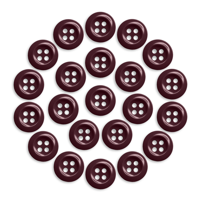Set of 21 maroon Work Shirt Buttons, each with four holes arranged in a circle, displayed on a white background.