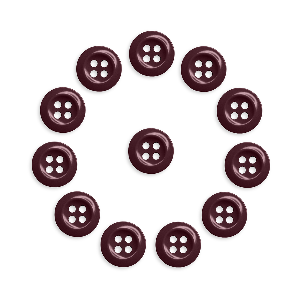 A pack of twelve durable dark brown Work Shirt Buttons, arranged in a circle with one in the center, displayed on a white background.