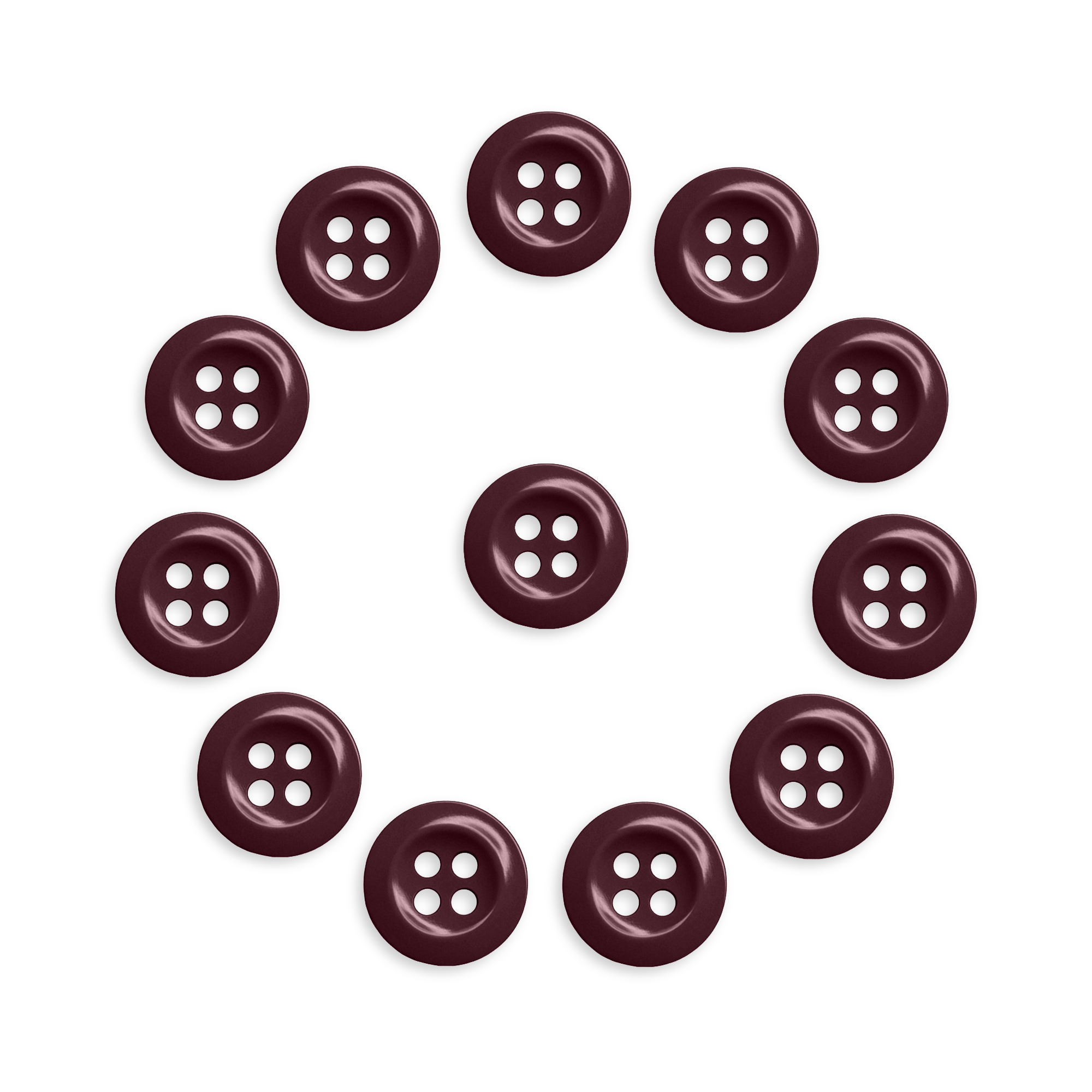 A pack of twelve durable dark brown Work Shirt Buttons, arranged in a circle with one in the center, displayed on a white background.