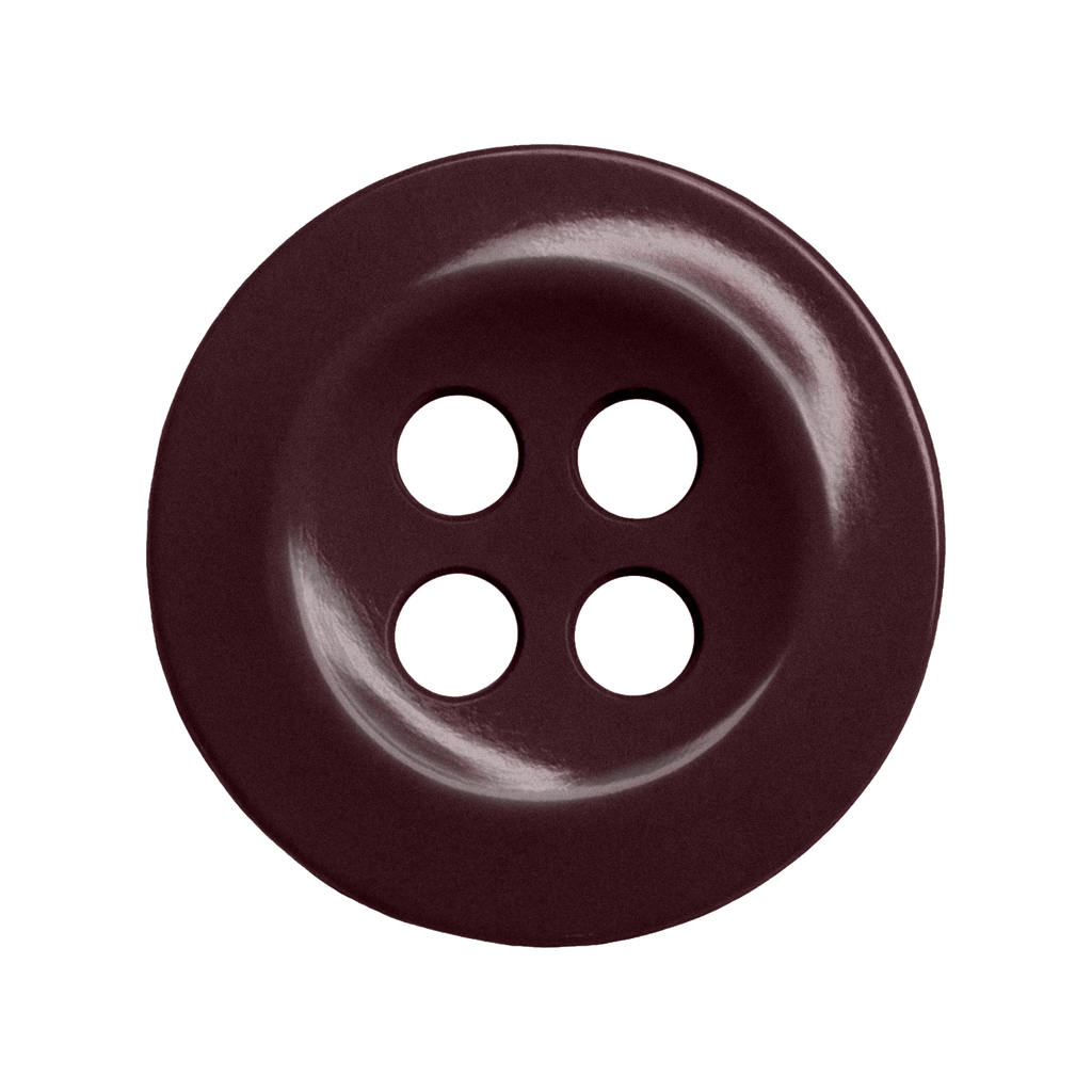 A round, dark brown four-hole button from the Work Shirt Buttons 12 Pack is shown on a white background—perfect as a durable replacement for uniforms.