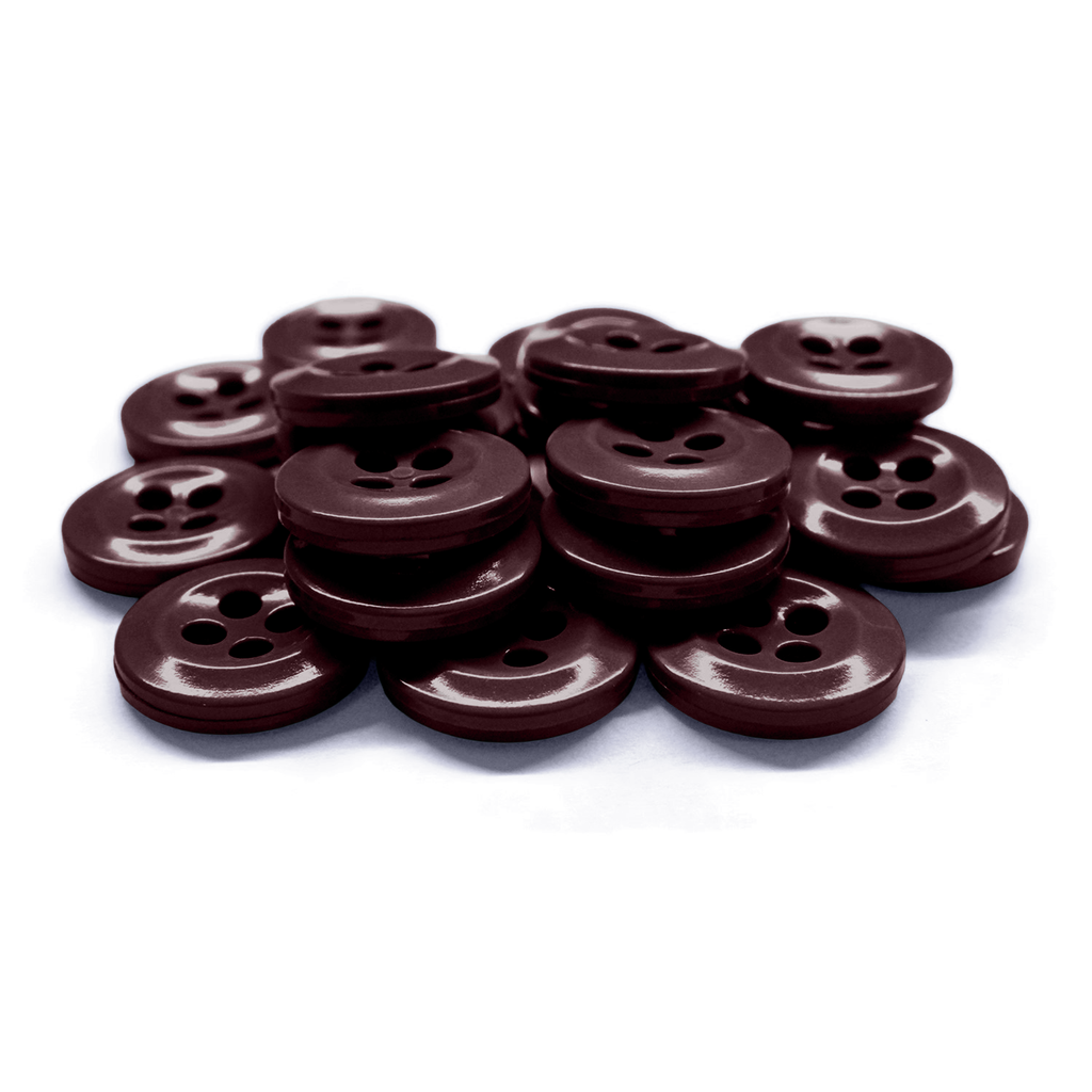 A stack of Work Shirt Buttons 12 Pack, featuring brown four-hole military spec buttons on a white background—ideal as durable replacement uniform buttons.