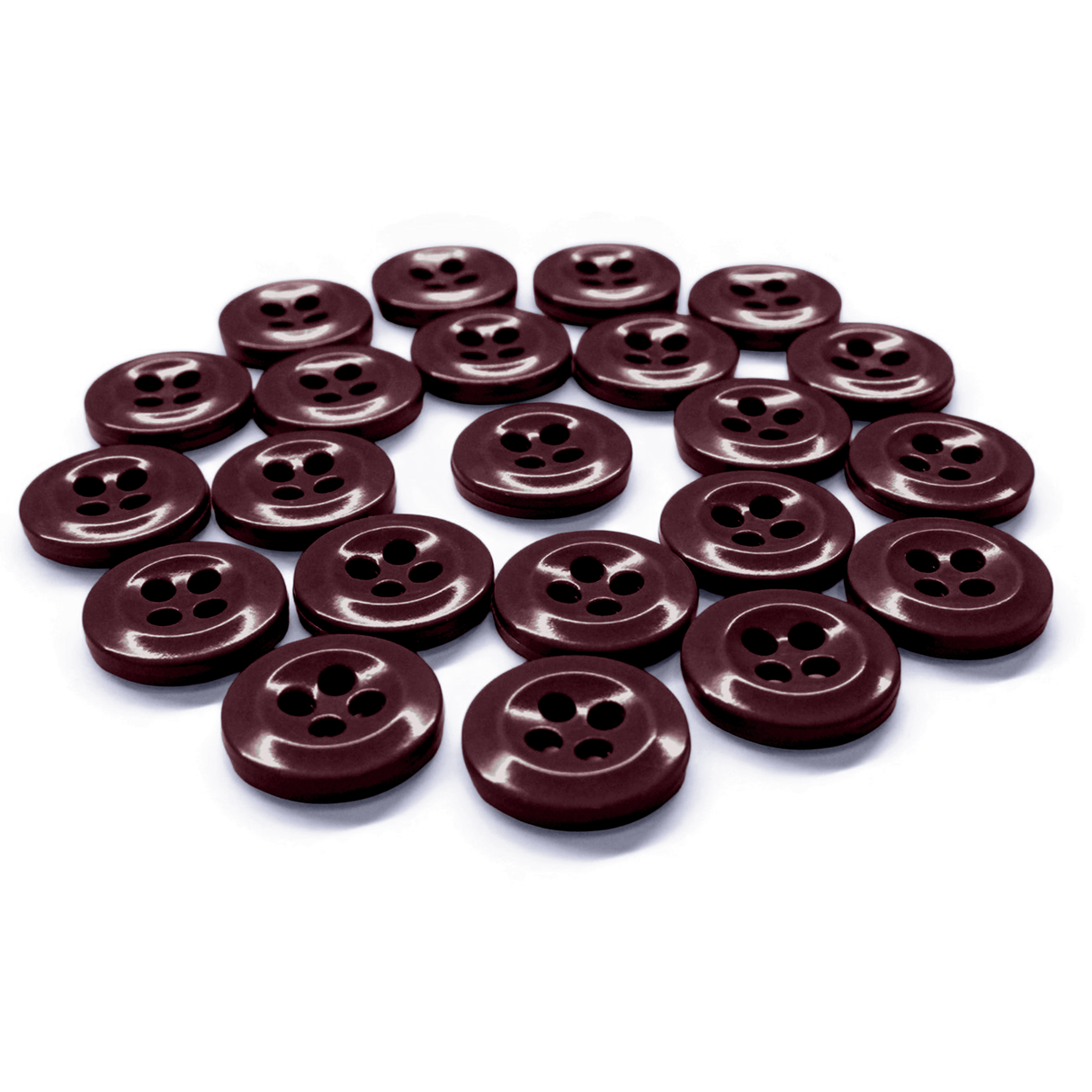 A set of Work Shirt Buttons, military spec, dark brown with four holes, displayed on a white surface.