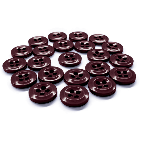A set of Work Shirt Buttons, military spec, dark brown with four holes, displayed on a white surface.