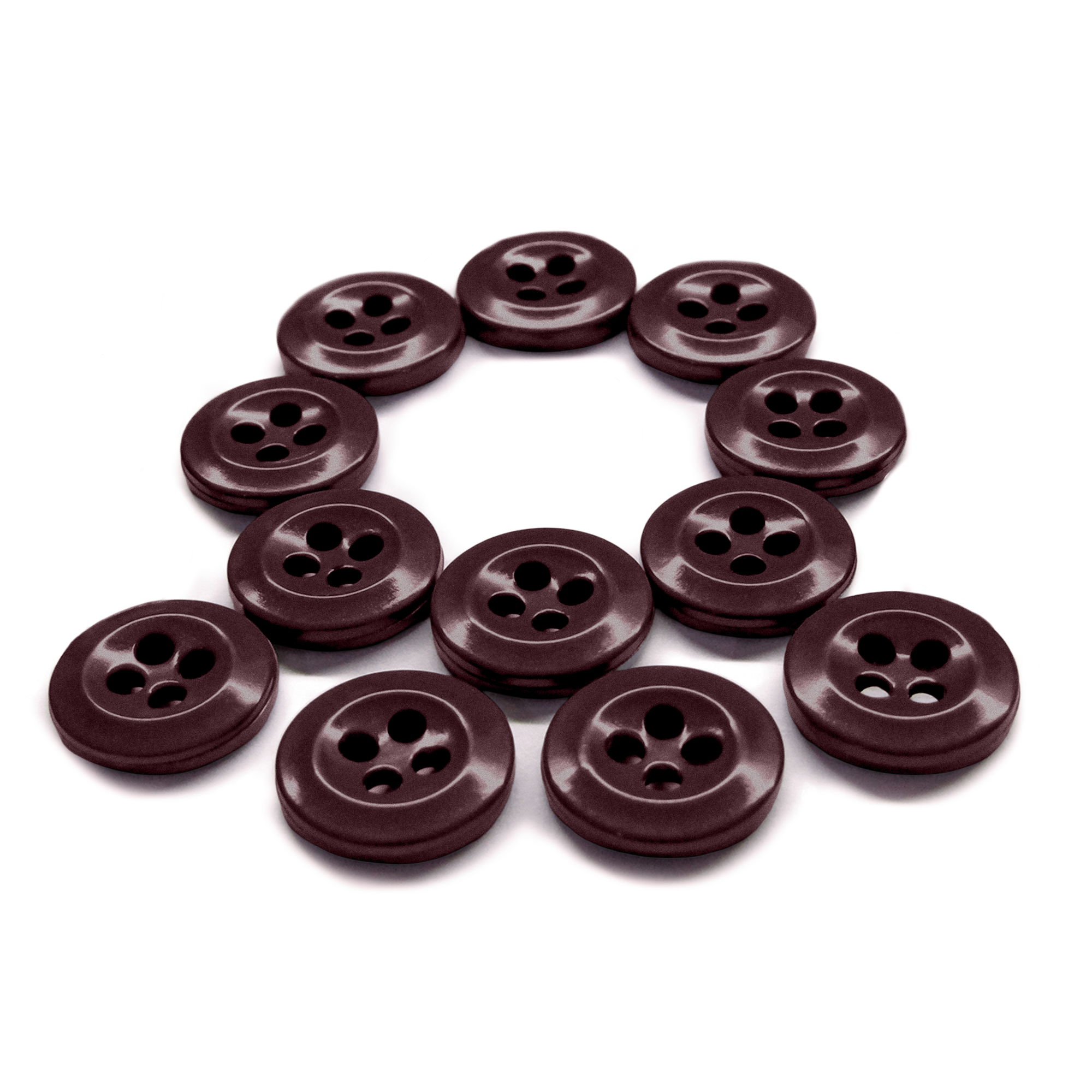 Twelve Work Shirt Buttons 12 Pack, military spec and brown, arranged in a circle on a white background.