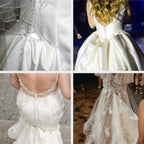Four unique white wedding dresses are shown from the back, each featuring elegant Silk Satin Bridal Buttons and distinctive fabric or detailing.