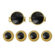 The Tuxedo Shirt Studs and Cufflinks set features gold and black stainless steel accessories, ideal for tuxedo shirts, shown on a white background.