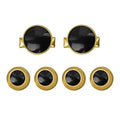 The Tuxedo Shirt Studs and Cufflinks set features gold and black stainless steel accessories, ideal for tuxedo shirts, shown on a white background.