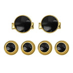 The Tuxedo Shirt Studs and Cufflinks set features gold and black stainless steel accessories, ideal for tuxedo shirts, shown on a white background.