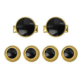 The Tuxedo Shirt Studs and Cufflinks set features gold and black stainless steel accessories, ideal for tuxedo shirts, shown on a white background.