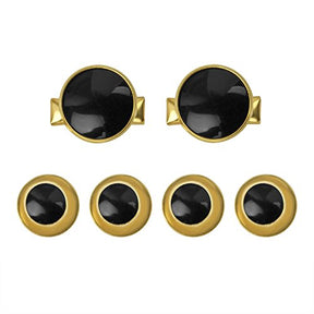 The Tuxedo Shirt Studs and Cufflinks set features gold and black stainless steel accessories, ideal for tuxedo shirts, shown on a white background.