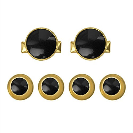 The Tuxedo Shirt Studs and Cufflinks set features gold and black stainless steel accessories, ideal for tuxedo shirts, shown on a white background.