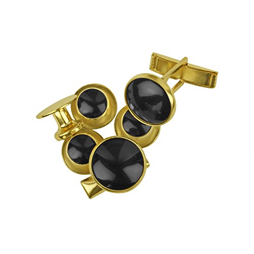 Tuxedo Shirt Studs and Cufflinks with round black stones, ideal for tuxedo shirts, displayed on a white background.