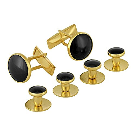 Tuxedo Shirt Studs and Cufflinks in gold and black stainless steel, arranged on a white background—an elegant accessory set for tuxedo shirts.