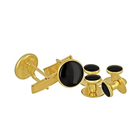 The Tuxedo Shirt Studs and Cufflinks feature black circular inlays, offering a refined accent that stands out elegantly against a white shirt.