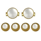 The Tuxedo Shirt Studs and Cufflinks set includes two gold cufflinks and four matching shirt studs with white circular centers, ideal for tuxedo shirts. Displayed on a white background.