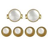 The Tuxedo Shirt Studs and Cufflinks set includes two gold cufflinks and four matching shirt studs with white circular centers, ideal for tuxedo shirts. Displayed on a white background.