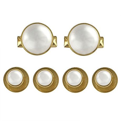 The Tuxedo Shirt Studs and Cufflinks set includes two gold cufflinks and four matching shirt studs with white circular centers, ideal for tuxedo shirts. Displayed on a white background.