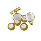 Tuxedo Shirt Studs and Cufflinks set in gold and white, arranged on a white background—ideal elegant accessories for any tuxedo shirt.