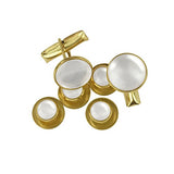 Tuxedo Shirt Studs and Cufflinks set in gold and white, arranged on a white background—ideal elegant accessories for any tuxedo shirt.