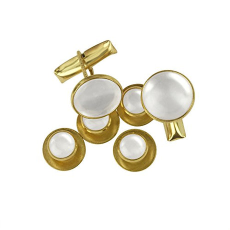 Tuxedo Shirt Studs and Cufflinks set in gold and white, arranged on a white background—ideal elegant accessories for any tuxedo shirt.
