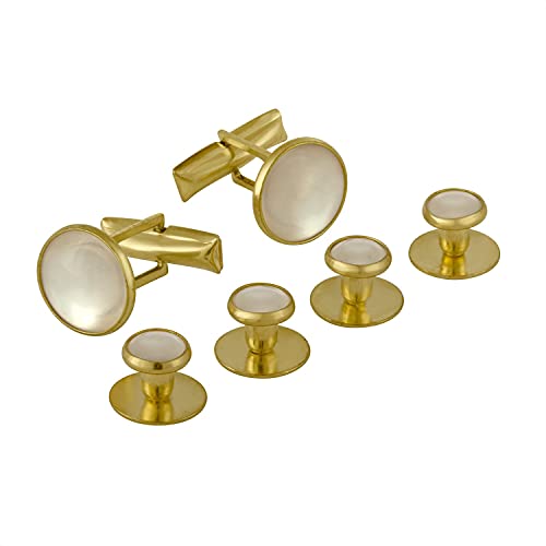 The Tuxedo Shirt Studs and Cufflinks feature white mother-of-pearl inlays, ideal as tuxedo shirt accessories, shown on a white background.