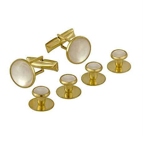 The Tuxedo Shirt Studs and Cufflinks feature white mother-of-pearl inlays, ideal as tuxedo shirt accessories, shown on a white background.
