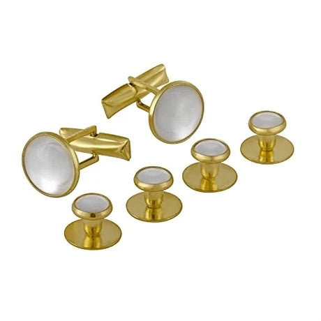 Tuxedo Shirt Studs and Cufflinks in gold and white, elegantly arranged on a white background—perfect accessories to complement any tuxedo shirt.