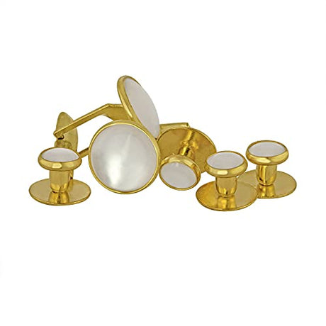 Tuxedo Shirt Studs and Cufflinks, featuring white mother-of-pearl inlays, are ideal accessories for tuxedo shirts. Displayed on a white background.