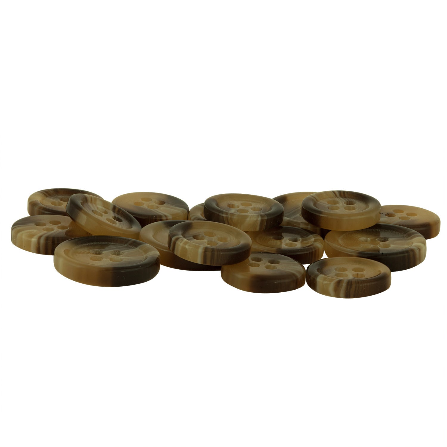 A pile of round, brown marbled Standard Suit Buttons with four holes on a white background, ideal as replacement buttons for your black blazer.