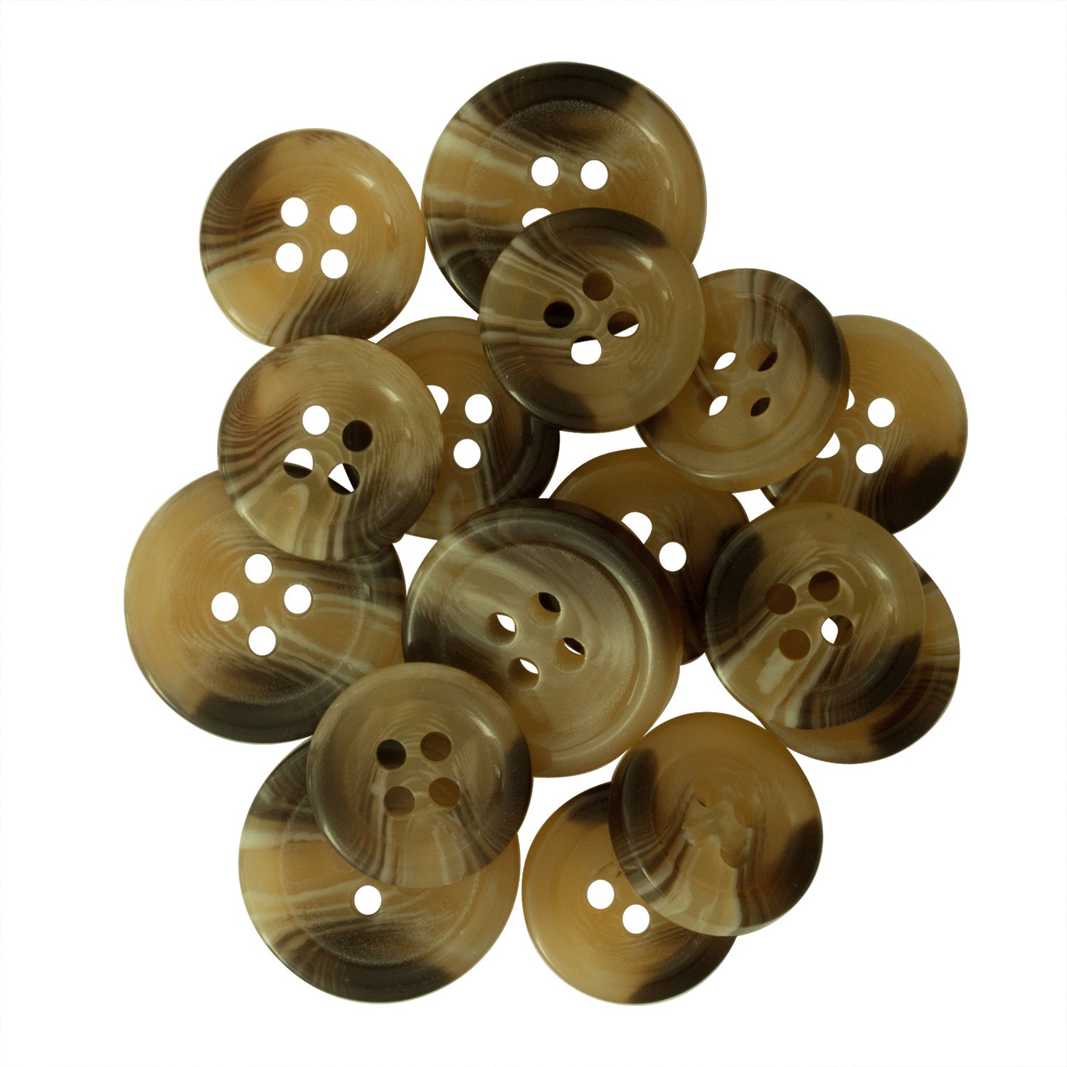 A pile of Standard Suit Buttons—brown marbled with four holes each—closely arranged and ideal as replacement buttons for any suit or garment.