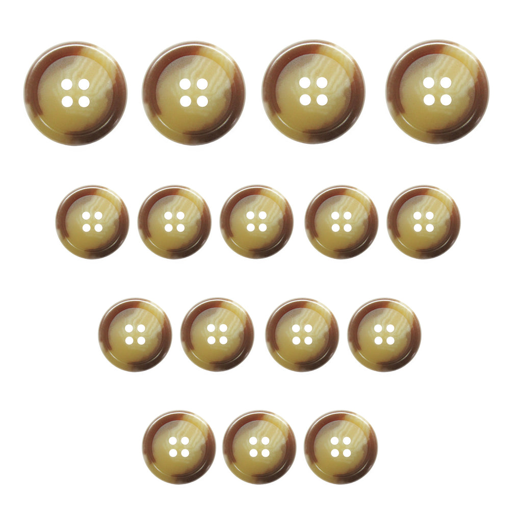 Fifteen Vegan Faux Horn Suit Buttons are arranged in rows to form an upside-down triangle on a white background.