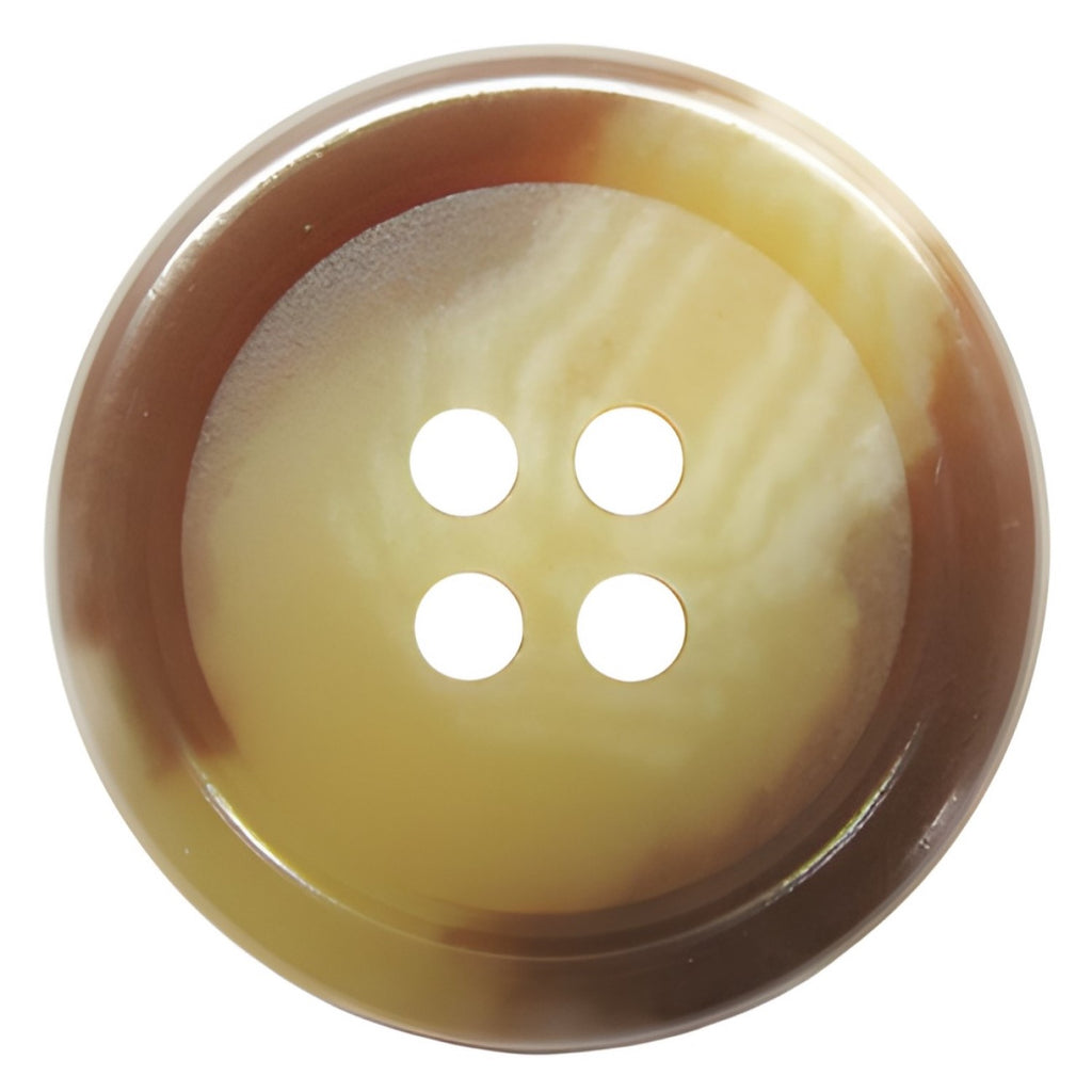 Vegan Faux Horn Suit Buttons: round, brown and beige with a marbled pattern and four holes—an ethical, stylish choice for sewing projects.