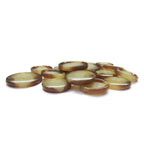 Vegan Faux Horn Suit Buttons, round with brown edges and a translucent caramel tone, are shown in a pile on a white background.
