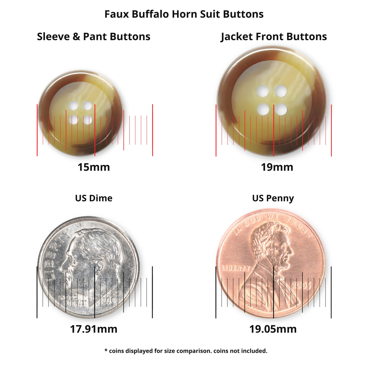 Four Vegan Faux Horn Suit Buttons are shown above a US dime and penny for size comparison, with button sizes labeled in millimeters.